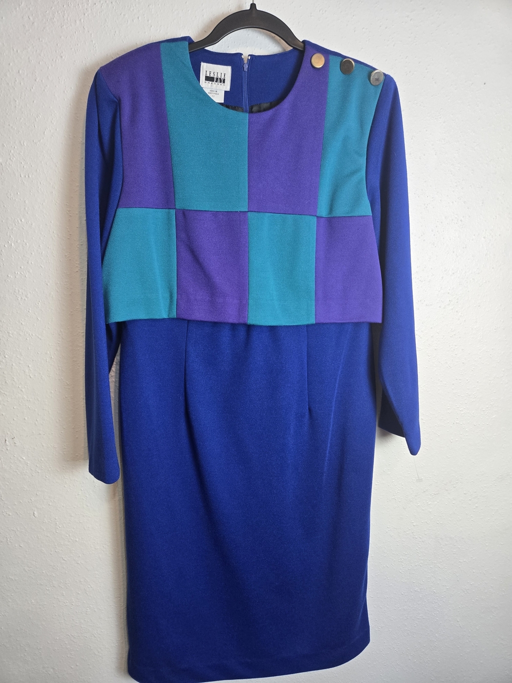 Vintage Colorblock Blue & Teal Long Sleeve Dress